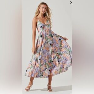 ASTR Blythe Floral Plisse Midi Dress coral multi pleated dress
